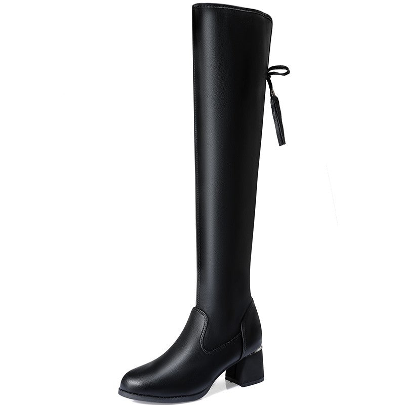 Women's Wide Calf Bow Elastic Soft Warm Short Heel Comfortable Boots