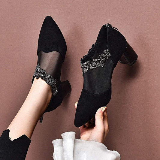 Mesh leather thick heel women's shoes